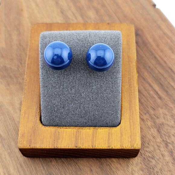 Silver Tone Post Navy Blue Bead Stud Earrings Round Simple Minimalist Everyday - Picture 1 of 5
